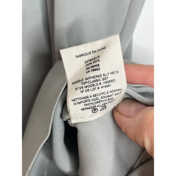 Theory 100% Silk Gathered Slit-Neck Top Blouse Gray Size Small‎ - Picture 9 of 11